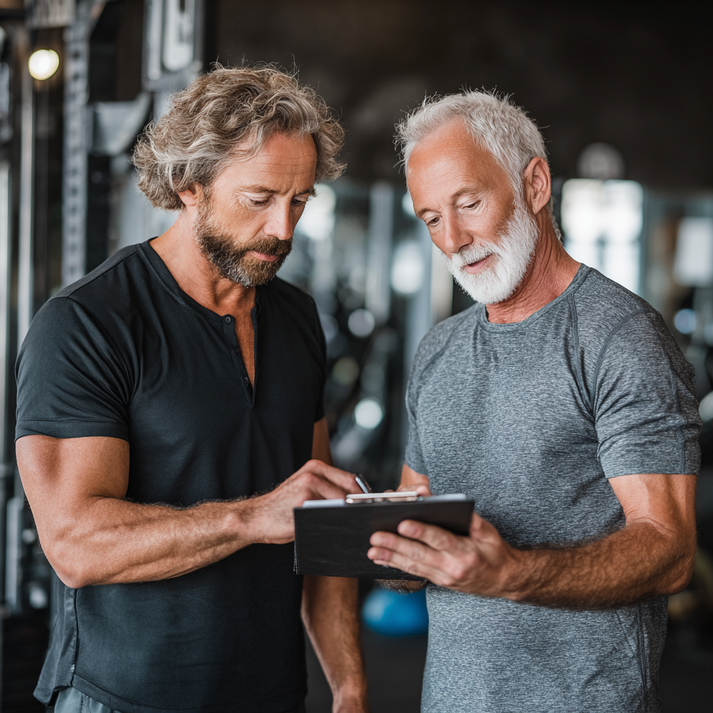 experienced fitness trainer consulting with middle-aged client about personalized workout plan