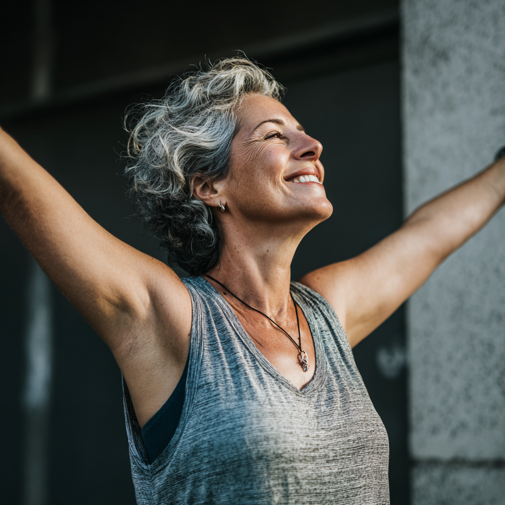 middle-aged woman celebrating fitness achievement after successful workout program